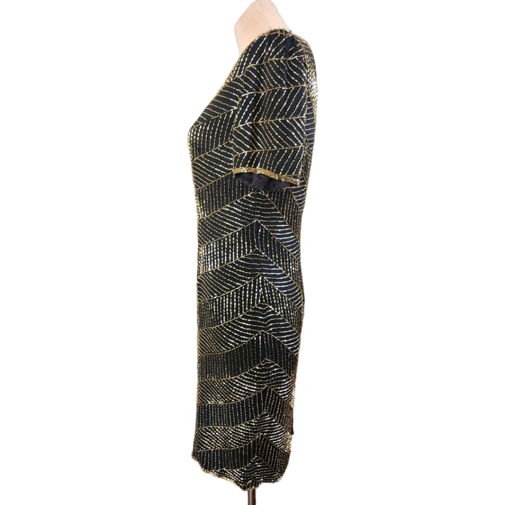 A.J. BARI Vintage 1980s Silk Beaded Sheath Dress - Size 10 - Picture 9 of 14